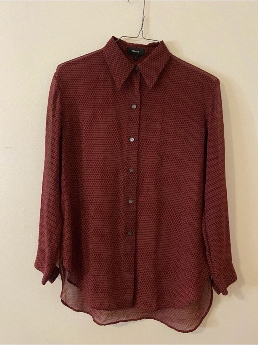 Theory Silk sheer burgundy Polka Dot Button-Down Blouse